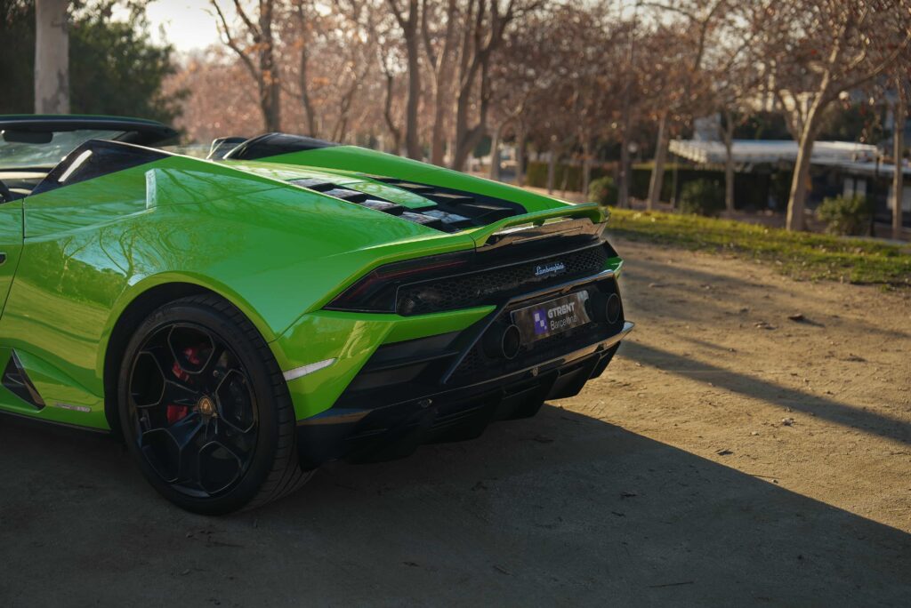 route with a green Lamborghini Huracán 