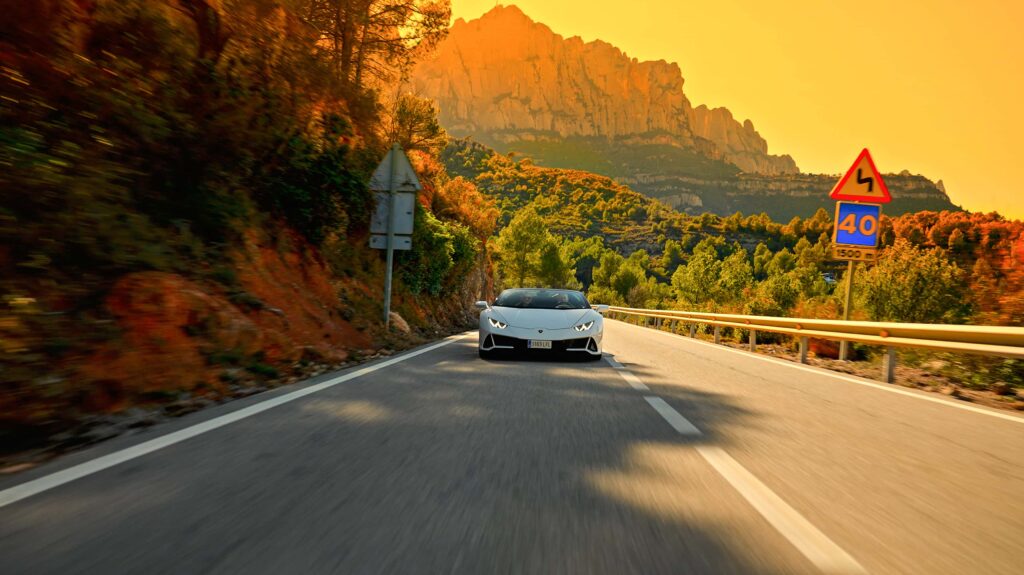 White Lamborghini Huracán Evo, Montserrat mountains road